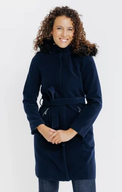 Manteaux<Armand Thiery LONG MANTEAU CEINTURE CAPUCHE FOURRURE - Marine