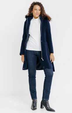 Manteaux<Armand Thiery LONG MANTEAU CEINTURE CAPUCHE FOURRURE - Marine