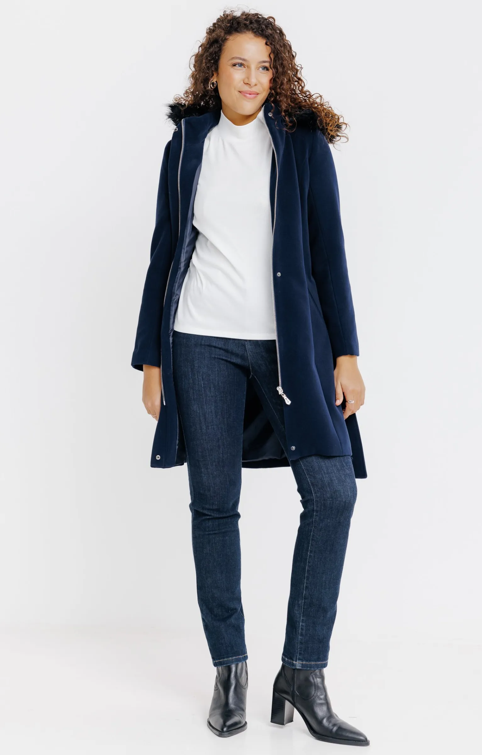 Manteaux<Armand Thiery LONG MANTEAU CEINTURE CAPUCHE FOURRURE - Marine