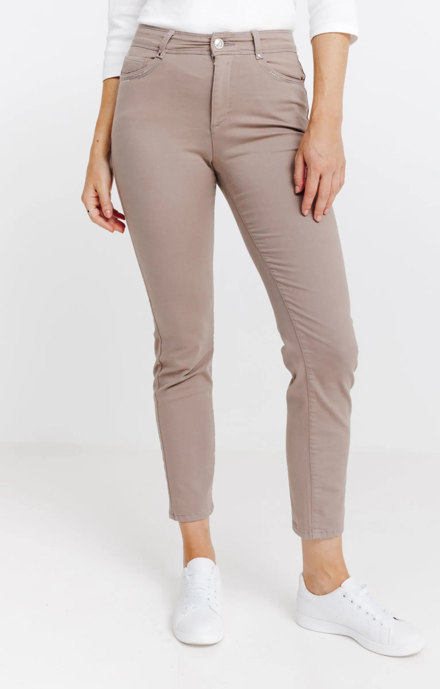 Pantalons<Armand Thiery Pantalon 7/8 brodé en coton viscose - Taupe