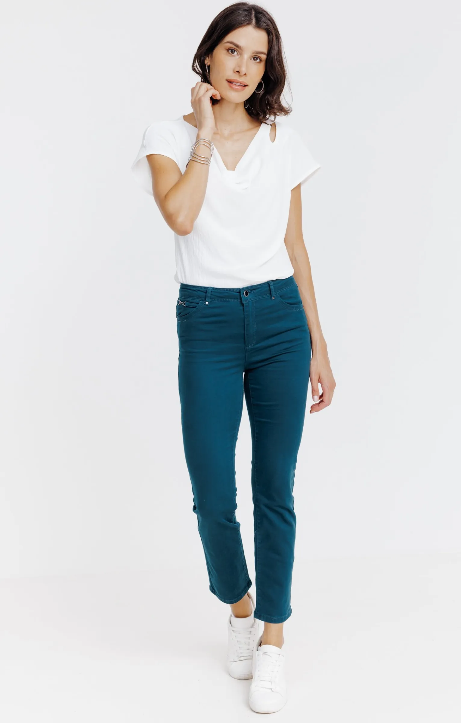 Pantalons<Armand Thiery Pantalon 7/8 coton stretch détail bijou - Pétrole