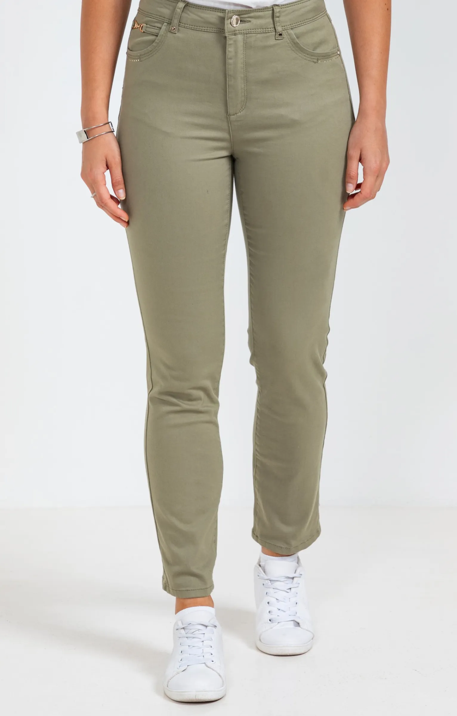 Pantalons<Armand Thiery Pantalon 7/8 coton stretch détail bijou - Kakiclair