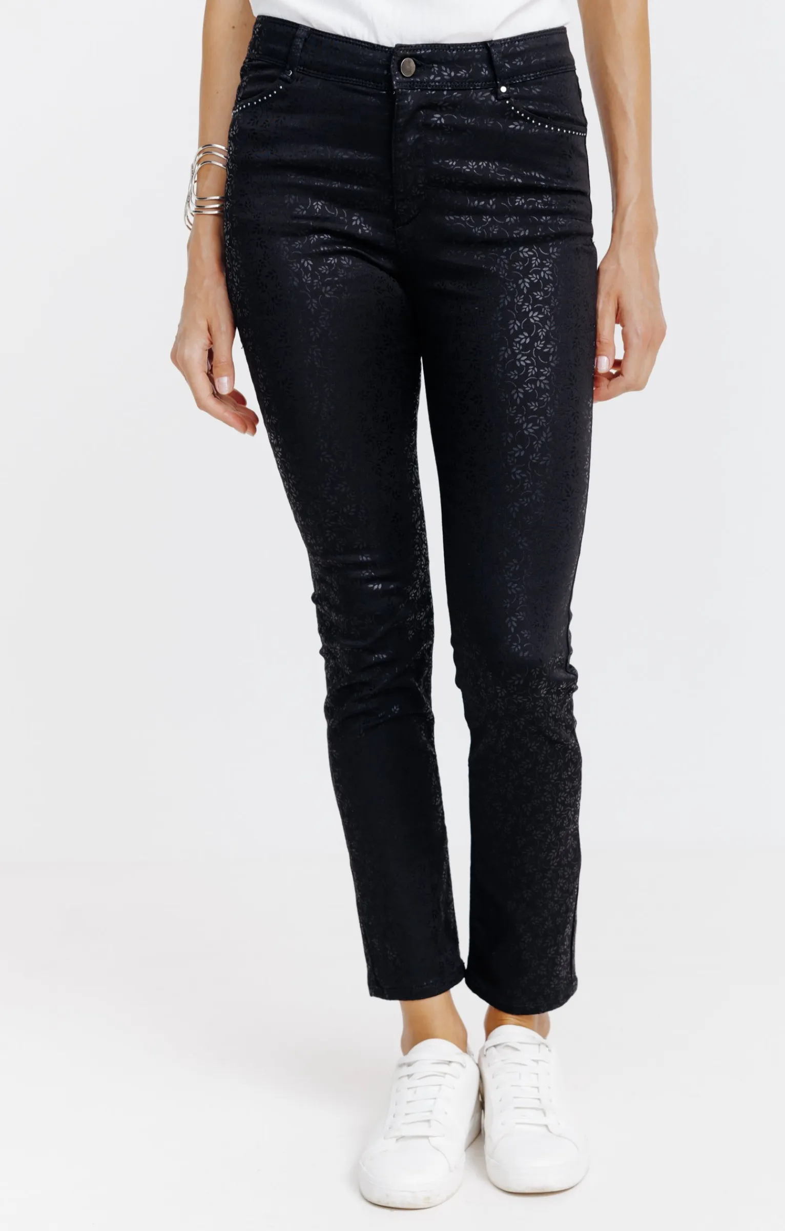 Pantalons<Armand Thiery Pantalon 7/8 enduit imprimé fleurs - Noir