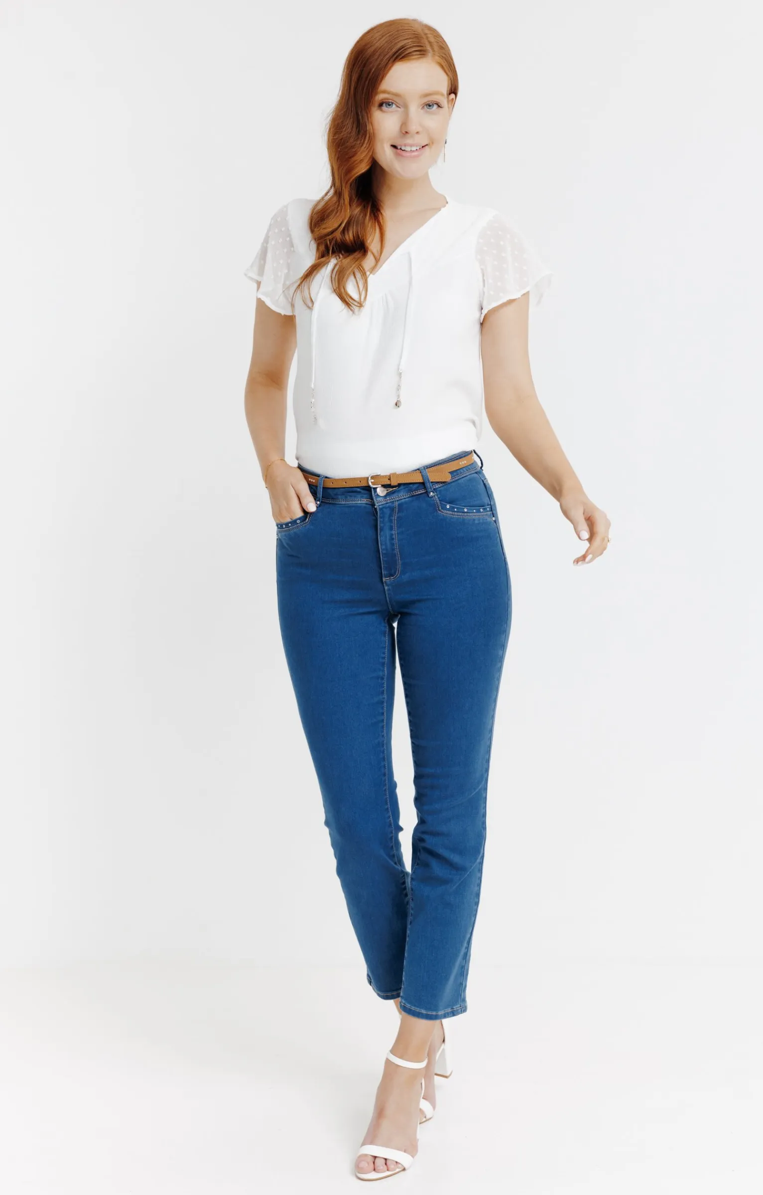 Pantalons<Armand Thiery Pantalon 7/8 satin denim stone ceinture - Bleu
