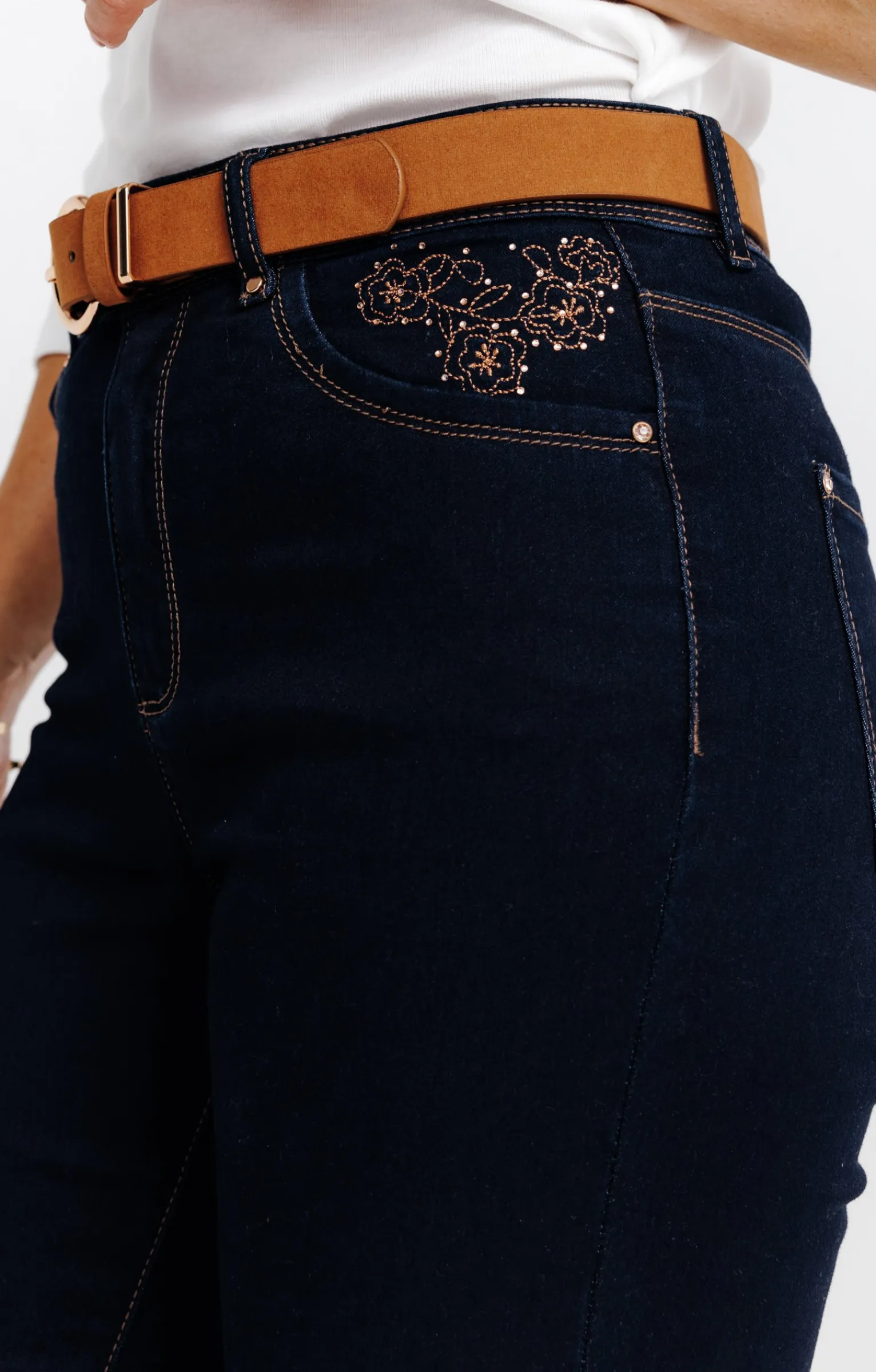 Pantalons<Armand Thiery Pantalon satin denim broderie fleur - Bleu