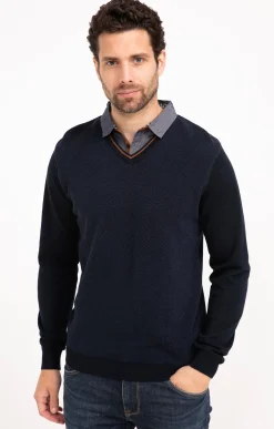 Pulls & Gilets<Armand Thiery Pull uni col V avec chemise - Marine
