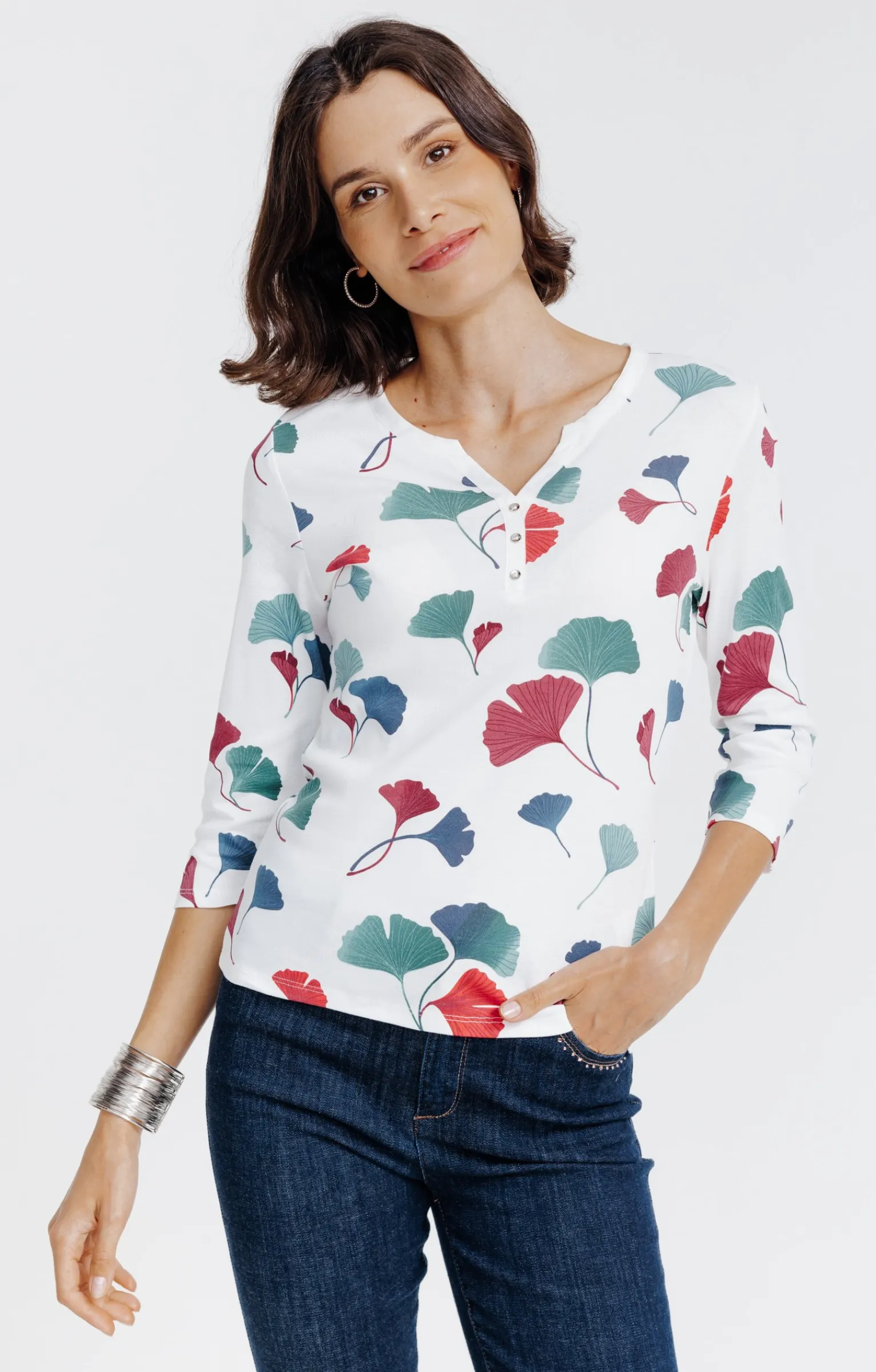 Tee-shirts<Armand Thiery Tee-shirt imprimé floral col rond patte - Écru