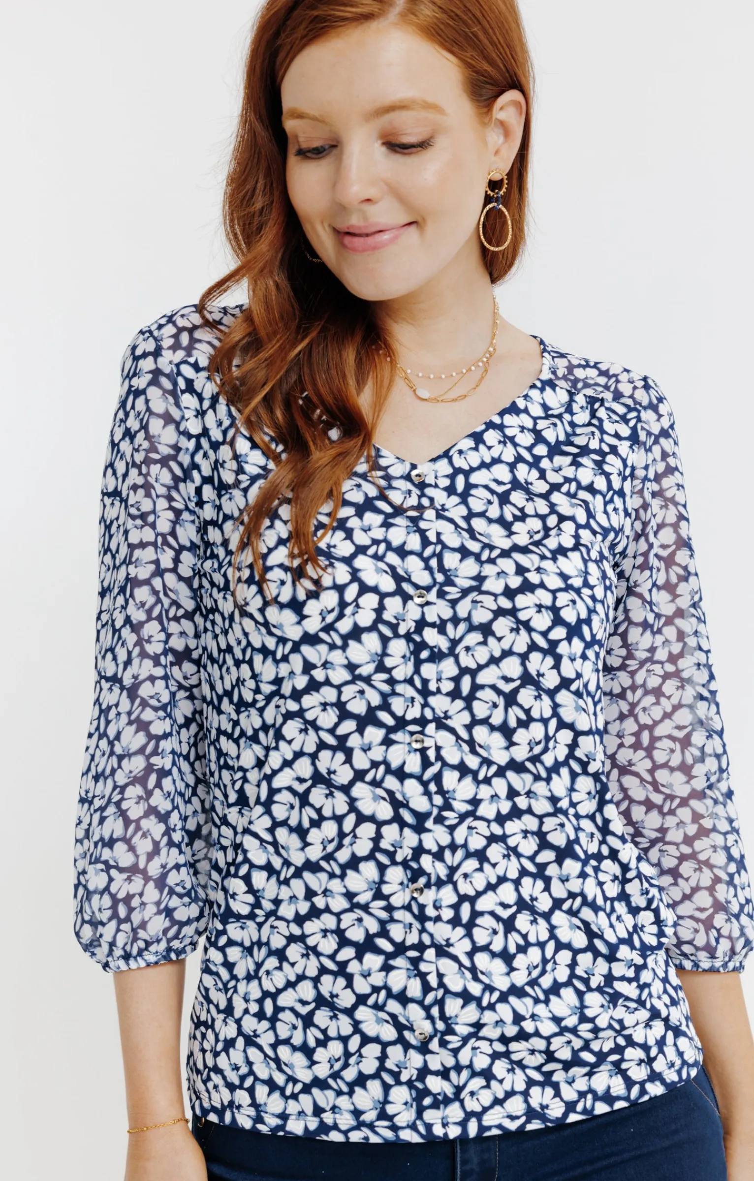Tee-shirts<Armand Thiery Tee-shirt mix matière imprimé fleurs - Bleu