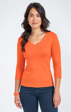 Tee-shirts<Armand Thiery Tee-shirt uni col V festons - Mandarine