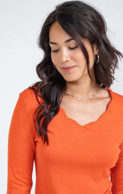 Tee-shirts<Armand Thiery Tee-shirt uni col V festons - Mandarine