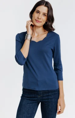 Tee-shirts<Armand Thiery Tee-shirt uni col V festons - Bleu