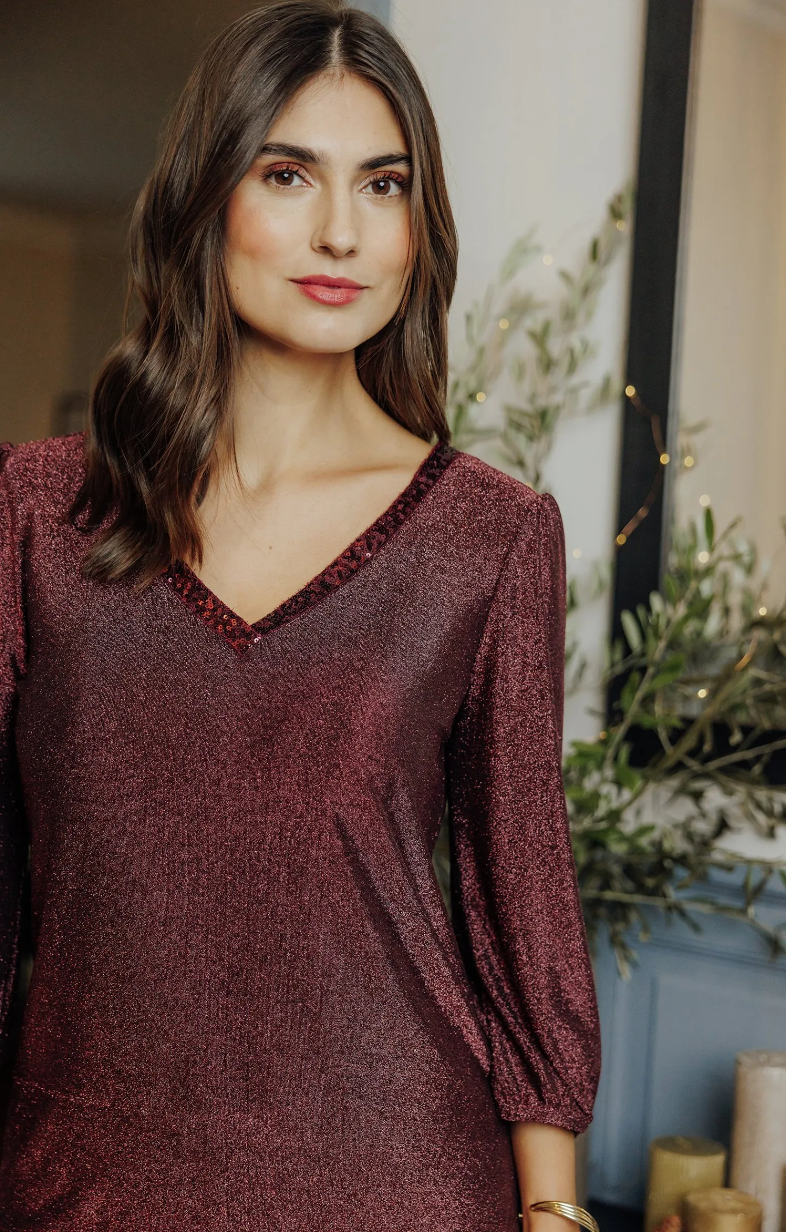 Tee-shirts<Armand Thiery T-SHIRT FÊTES COL V SEEQUINS - Fuchsia